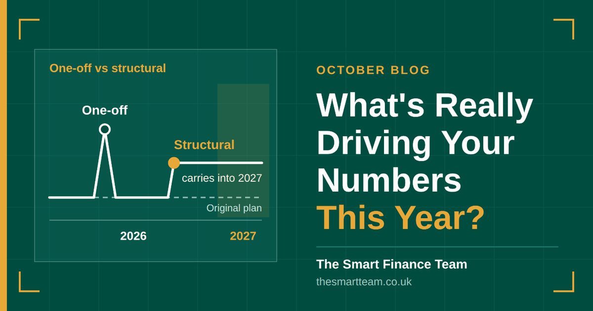 The Smart Finance Team graphic comparing one-off financial variances in 2026 with structural changes that carry into 2027.