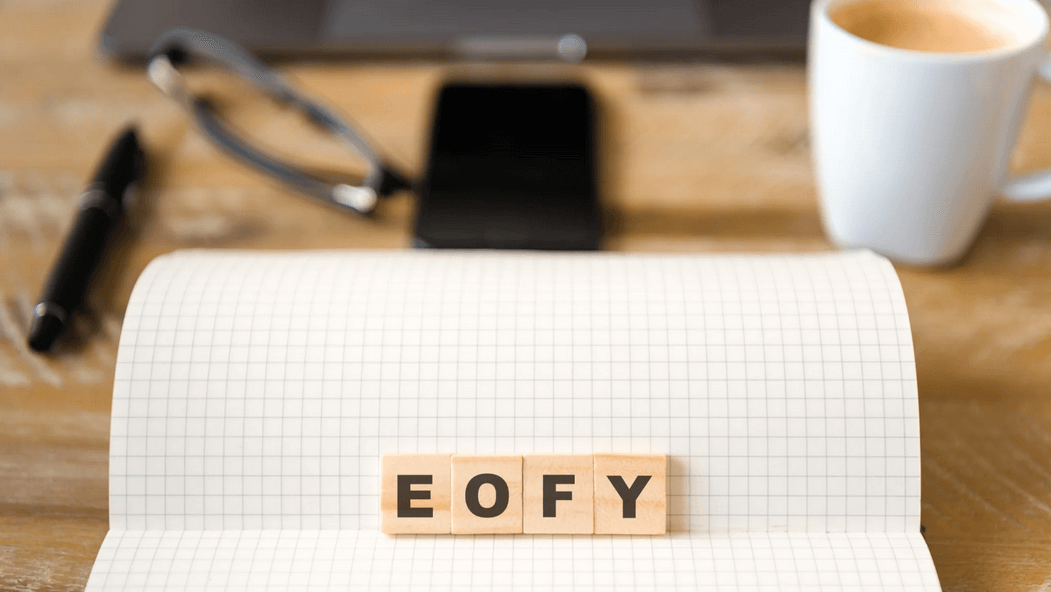 Noteblog with the word EOFY on Scrable pieces