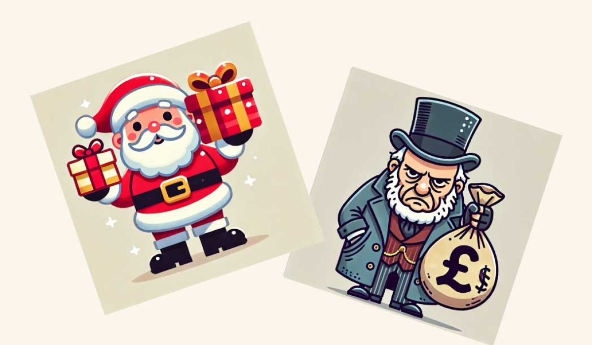 Two illustrations featuring Santa Claus alongside Ebenezer Scrooge.