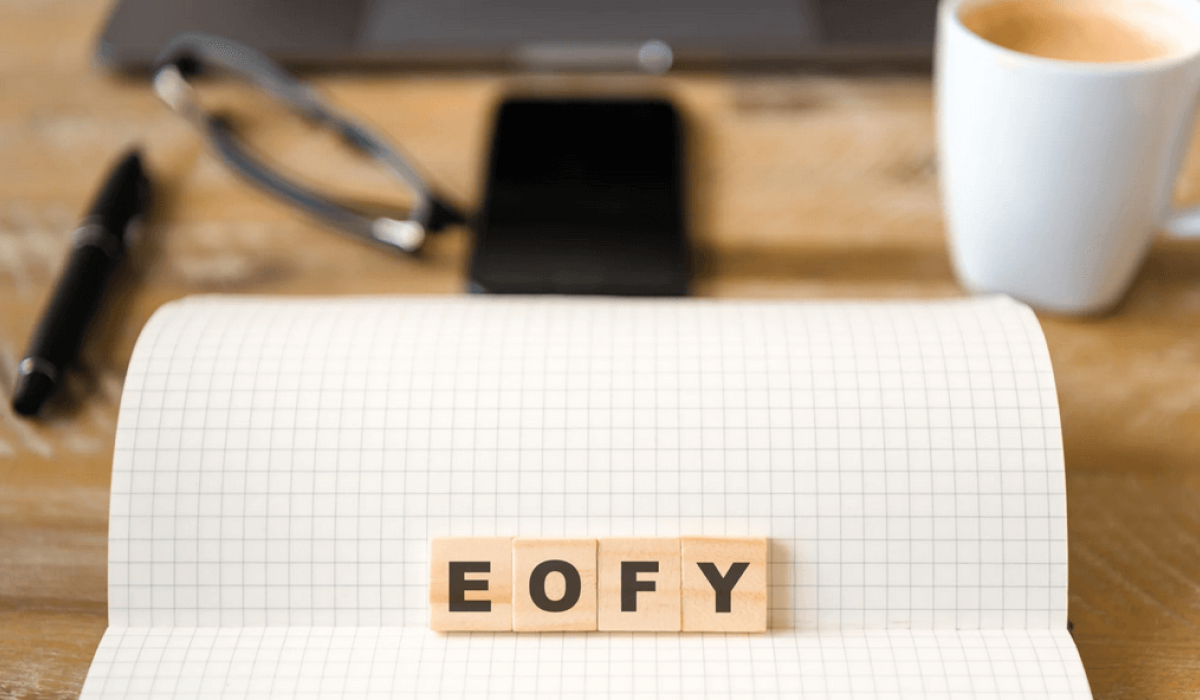 Noteblog with the word EOFY on Scrable pieces
