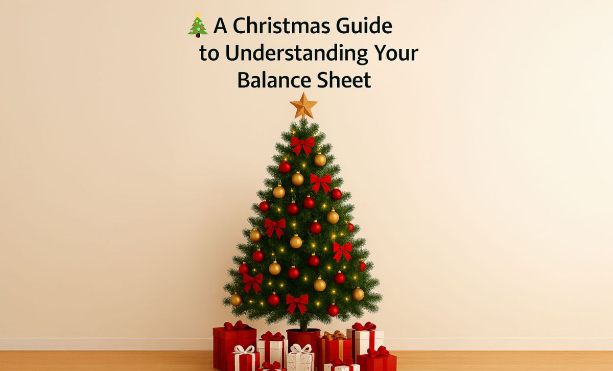 A festive guide titled "A Christmas Guide to Understanding Your Balance Sheet" with holiday-themed graphics and financial tips.