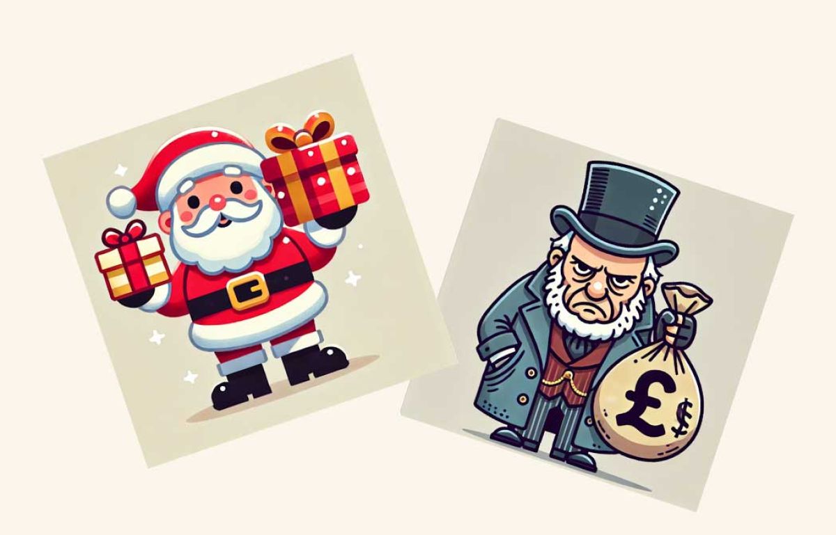 Two illustrations featuring Santa Claus alongside Ebenezer Scrooge.
